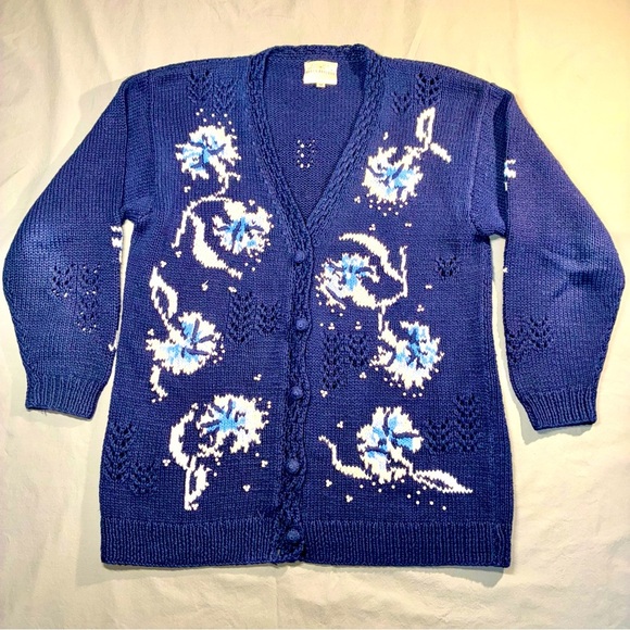 Susan Bristol Y2K Floral Cardigan Sweater Cottagecore Medium Vintage hand knit - Picture 1 of 9